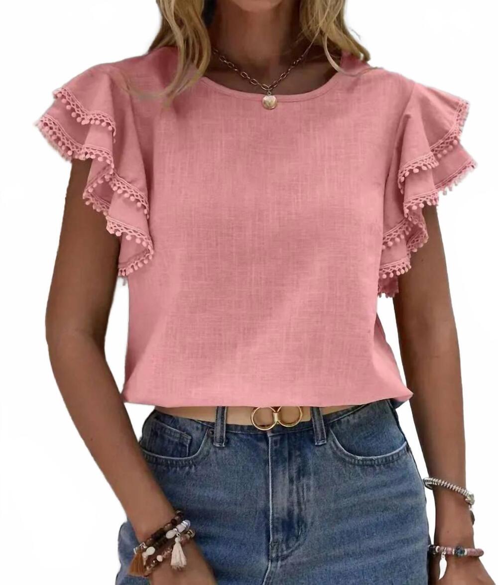 NEW LOVESOFT ruffle sleeve pom pom top in pink